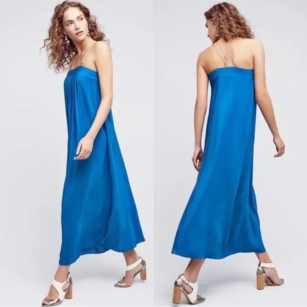 NWT Anthropologie HD in Paris North Star Maxi Dress Cobalt Blue Silk w/Gold 6